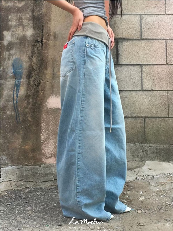 腰頭拼接反摺抽繩牛仔褲
